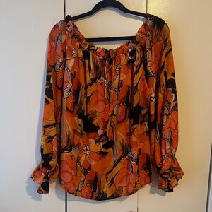 Floral Off-Shoulder Blouse - Orange and Black